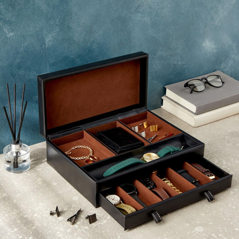 Hokku Designs Faux Leather Mens Jewelry Box Organizer, Valet Tray